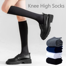 Seamless Knee High Socks Women Casual Cotton Roller Skate Socks Tube Athletic Socks 6-9 Knit Knee Stockings 3 Pairs (Black)