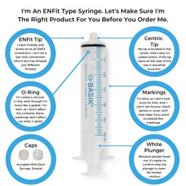 BASIK 35cc Silicone O Ring Style ENFit Feeding Syringe With Caps Individually Wrapped 8/Pack Reusable - This is only compatible with an ENFit connection. Confirm that you use ENFit before ordering.