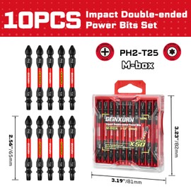 Geinxurn 10Pcs PH2-T25 Impact Double End Screwdriver Bit Set, 2.56 in. #2 Phillips /#25 Torx Power Driver Bits, Magnetic S2 Steel Two Sides Screwdriver Bits Set with Storage M-Box