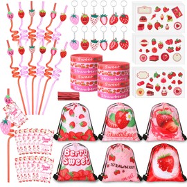 LemonRoad 109 Pcs Strawberry Party Favors Set Berry Birthday Supplies Includes Drawstring Bags Keychains Bracelets Stickers Straws Tags for Strawberry Theme Baby Shower Party