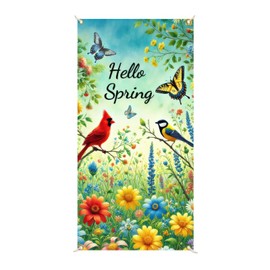 BlissYard Spring Door Cover 71x35 Inch Bird Flower Door Banner Hello Spring Seasonal Front Door Decoration for Welcome Holiday Spring Summer Easter Decor Indoor Outdoor