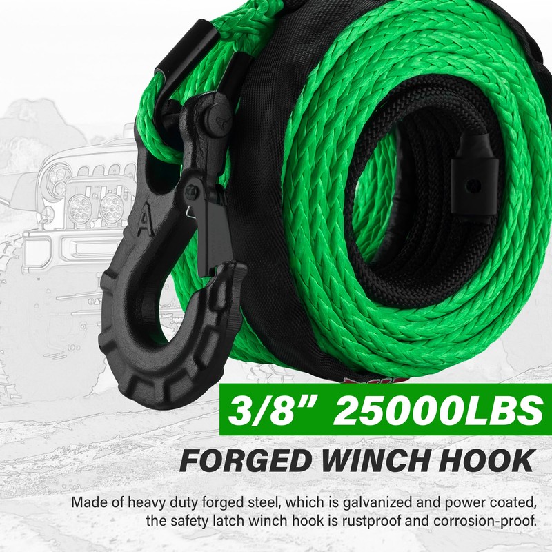 TYT Synthetic Winch Rope 3/8" X 92' with Hook, 27000LBS