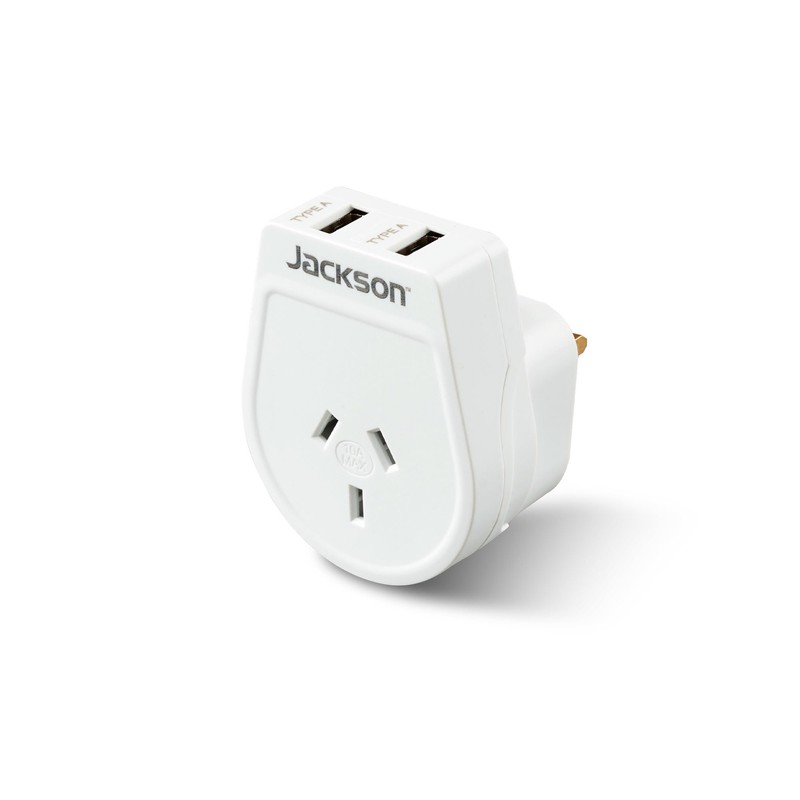 Jackson AUS - UK & HK USB-A Travel Adapter, White