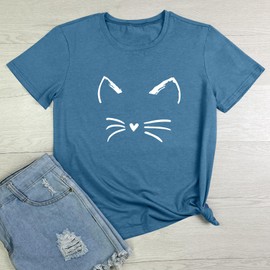 BLACKOO Women Cat Graphic Tee Cute T-Shirts Heather Indigo XX-Large