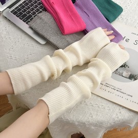 Autumn Winter New Women's Long Knit Arm Warmers with Thumb Hole Solid Coral Blue (Soft Wax Version) + Free Size 10ea