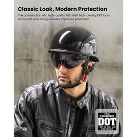 ILM Motorcycle Half Helmet with Sunshield Quick Release Strap Half Face Fit for Cruiser Scooter DOT Approved (Gloss Black,Medium)
