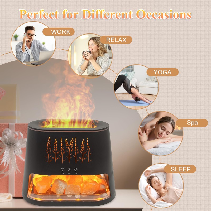 Fireplace Flame Diffuser & Himalayan Salt Lamp, 8 Colors Aromatherapy