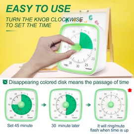 Yunbaoit Visual Timer with Night Light, 60-Minute Countdown Timer for Kids and Adults, Silent Classroom Timer, Time Management Tool for Home, School, or Work (Light Green)