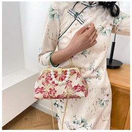 Pearl Evening Bag for Women Lily Pattern Vintage Embroidered Floral Clutch Purse Evening Handbag Shoulder Crossbody Bags, Red Lilies, Small