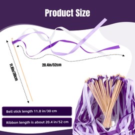 50PCS Ribbon Wedding Send Off Silk Ribbon Fairy Wands with Gold Bells for Wedding Send Off, Party, Holiday, Activities Celebrate Ribbon Stick(Pluper)
