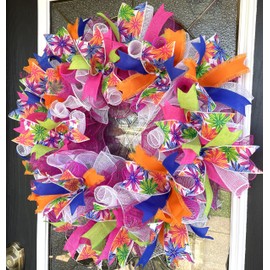 Beautiful and Bright Summer Pink Orange Blue Green Deco Mesh Wreath, Floral Decor, Porch Patio Decoration, Spring Summer, Beach or Pool Party