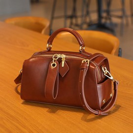 Damen Leder Handtaschen Schultertasche, Stilvoll Henkeltasche Umhängetaschen mit Schultergurte in zwei Stilen, Elegant Boston Crossbody Bag Top Griff Große Kapazität Retro Tasche