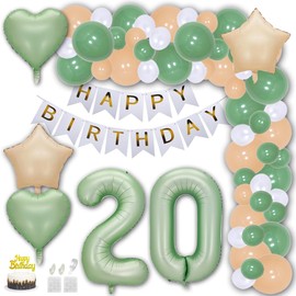 Aabellay 20. Geburtstag Deko Frauen Mann Grün Beige Geburtstagsdeko Gold Geburtstag Luftballon Dekoration Weiß Happy Birthday Banner Konfetti Ballons Luftballons Tortenaufsatz Nummer Folienballons