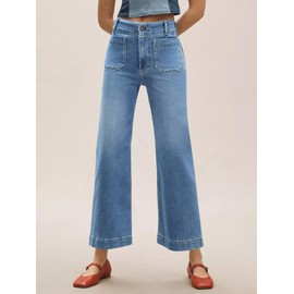 Tankaneo Wide Leg Jeans for Women Trendy High Waisted Flare Stretchy Jeans Cropped Baggy Denim Pants with Front Patch Pockets Blue