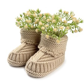 FABRST Baby Shower Decorations Set Newborn Baby Crochet Knitted Baby Booties with Baby's Breath Flowers Bouquet Tables Centerpieces for Gender Reveal Party(Khaki)