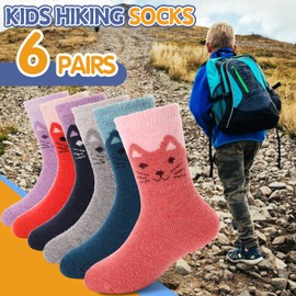 ANTSANG Kids Merino Wool Hiking Socks for Boys Girls Toddlers Thermal Winter Warm Thick Heavy Cozy Crew Gifts Socks 6 Pairs Stocking Stuffers(Plain Cats,4-7 Y)
