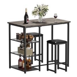 VECELO Dining Table Set for 2 with 3 Storage Shelves,Counter Height Kitchen Table and Chairs with Pu Cushion Chairs & Wood Top for Small Space,Dining Room,Apartment，Light Gray