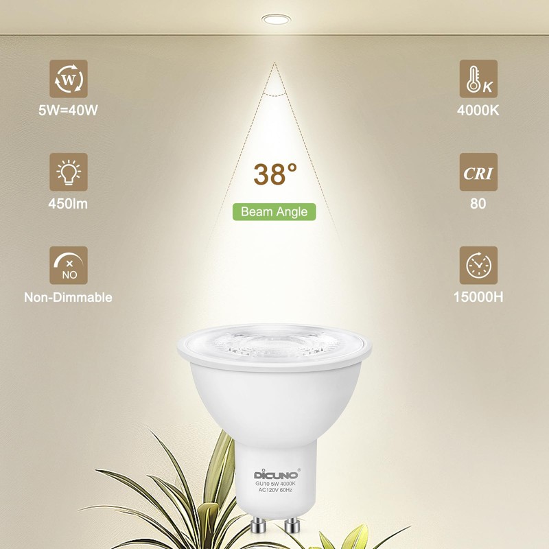 DiCUNO GU10 LED Bulb, 40W Equivalent, Natural White 4000K, 450LM,