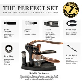 KANDOHAUS Cork Screw Wine bottle opener - 7 accessories in a premium box - Sturdy Rabbit Wine Opener Manual - Foil Cutter - Extra Spiral - Bottle Stopper - Drip Ring - Aerator Pourer – Opener Lever