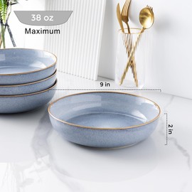 GBHOME 9'' Large Ceramic Pasta Bowls, 38oz Stoneware Pasta Serving Bowls Set of 4 for Kitchen, Wide Bowls for Fruit,Pasta,Salad,Oatmeal,Meal, Microwave Safe, Reactive Glaze-Blue