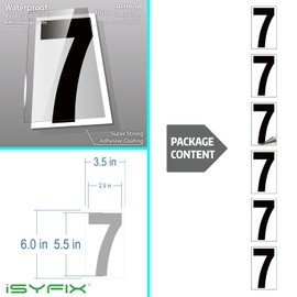 iSYFIX Black Vinyl Number 7 (Seven) Stickers - 6 Pack 6 inch - Premium Decal, White Background, Pre-Spaced for Mailbox, Signs, Window, Door, Cars, Trucks, Home, Business, Address, Indoor & Outdoor