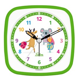 SELVA Quartz alarm clock for school enrolment with deer, koala and owl motif, green/white. Sweeping second silent, analogue, for children, colourful learning dial with light/alarm repeat