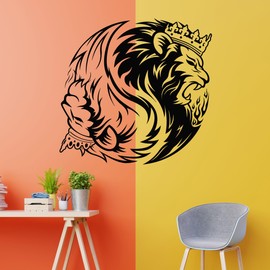 Vinyl Wall Decal Yin Yang Symbol King and Queen Lion Animals Stickers Mural Large Decor (g9012) Black