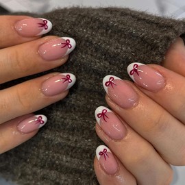 White French Tip Press on Nails Short Almond Nails Press on Fake Nails with Designs Red Bow Nails Valentines Glue on Nails Nude Pink Acrylic Full Cover Short Stick on Nails for Women 24PCS False Nail