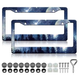 HCSS 2PCS Galaxy Forest License Plate Frames Blue Galaxy Moon Stars License Plate Holder Stainless Steel Auto Parts Rust-Proof Waterproof Car Decorative Tag Frames for Standard US 12x6 Inch