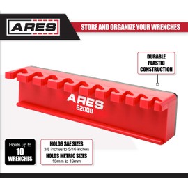 ARES 62008-10-Piece Red Magnetic Wrench Organizer - Sturdy Plastic Rack Stores up to 10 SAE and Metric Wrenches and Keeps Your Garage Organized