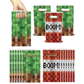 50 Pcs Creeper Notch Game Party Bags, Creeper Notch Candy Treat Goodie Gift Bags with Handles, Pixel Game Miner Plastic Gift Bags Birthday Party Decorations