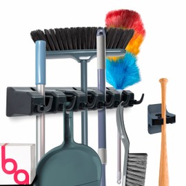 Combo 5 Slot Broom Holder w/ 1 Self Adhesive Mop Gripper No-Drilling, Wall Mount Tool Organizers For Kitchen, Garage, Laundry Room- Anti-Slip Hanger For Brooms, Mops, Rakes, Dustpans (Black / Black)