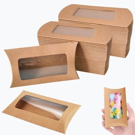 80 Pcs Pillow Gift Boxes with Windows,Kraft Paper Mini Pillow Packaging Box, Creative Favor Box Folding Treat Boxes with Clear Window for Bakery Candy Chocolate Jewelry Display Wedding Party Favor