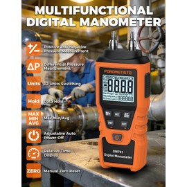 DMT01 Digital Manometer POROMETISTO, Manual Calibration Custom Zero, Real time Measurement, Max/Min/Avg Recording,HVAC Manometer, 12 Units Gas Pressure Tester, Differential Pressure Gauge