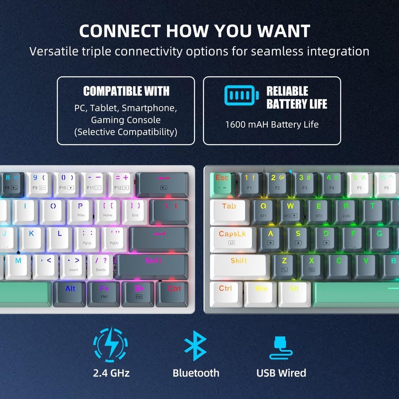 Machenike K500A-B61W 60% Mechanical Wireless Gaming Keyboard, 61 Keys Ultra-Compact