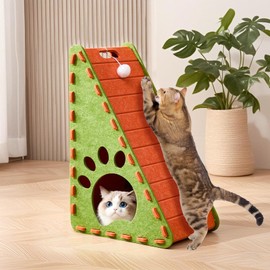 Mellowkin Felt Cat Scratcher, Triangular Vertical Cat Board with Plush Ball Toy, 9mm Thick Washable Material, No-Tool Assembly, Multi-Surface Cat Furniture Protector (Orange Green)