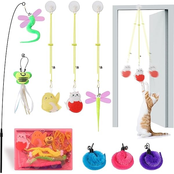 Interactive Cat Feather Toys 8Pcs,Interactive Wand,Cat Teaser Retractable,Indoor cat Hanging