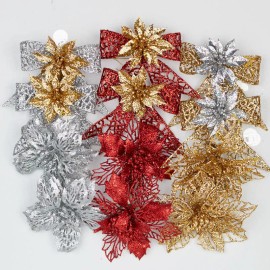 Factory Direct Craft Pack of 24 Assorted Glittered Holiday Bows and Christmas Poinsettias with Clips