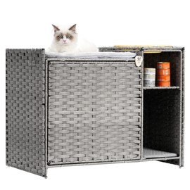 Gitelsnour Cat Litter Box Enclosure, Litter Box Furniture Hidden with Washable Cat Mat, Cat Litter Mat, 2 Feeding Bowls, 2 Hooks, Shelf, Handwoven Rattan Cat Condo, Grey GCLB002G