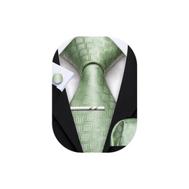 YOHOWA Plaid Men Zipper Necktie Set Extra Long Pre-Tied Tie Clip Set Pocket Square Cufflinks Formal Business Wedding Party