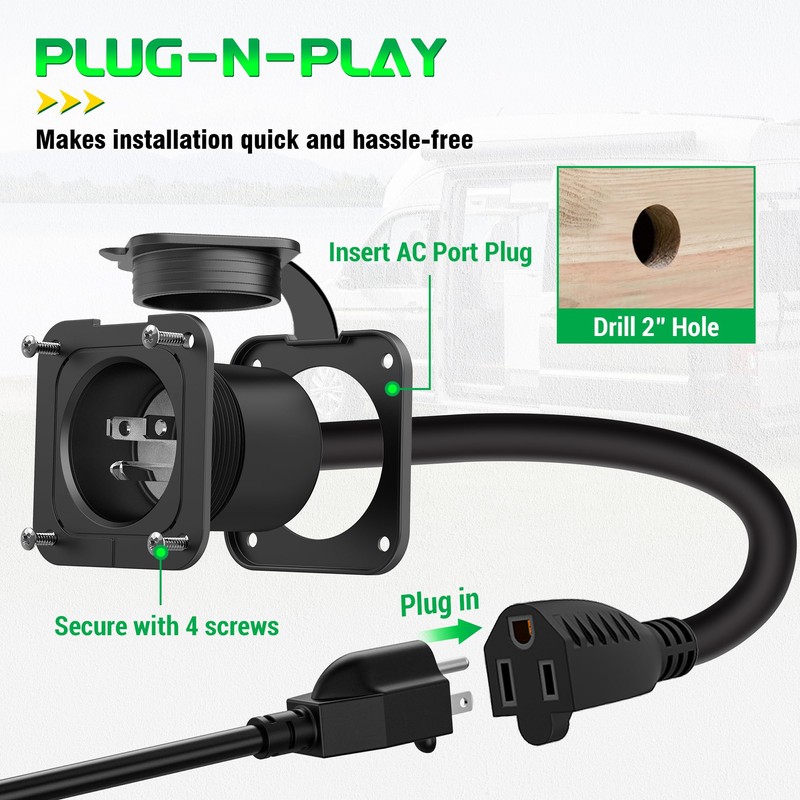 WOLFWILL 15 Amp AC Port Plug, 125V Shore Power Inlet