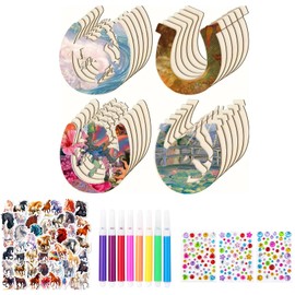 Altaroo 24 Hufeisen Holz, Hufeisen Kindergeburtstag Set, Pferde Bastelset mit Pferde Aufklebern, Malstiften, Strasssteinen, Hufeisen Holz zum Bemalen, Geburtstagsgeschenk, Hochzeit deko