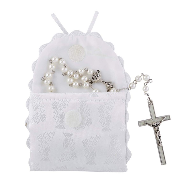 First Communion White Satin Brocade Rosary Case with Chalice Design,