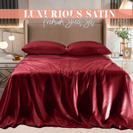 Elegant Comfort Luxurious 4-Piece Silky Satin Sheet Set, Skin and Hair Friendly, Wrinkle, Fade, Stain Resistant with Deep Pockets Fitted Sheet, Cooling Soft Satin Sheet Set, Twin XL, Burgundy