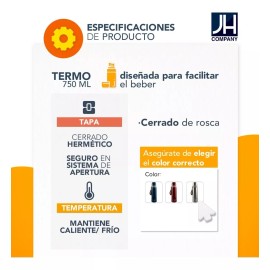 J.H COMPANY Termo De Acero Inoxidable Seguro Antiderrame 750 Ml 8523 Color Rojo