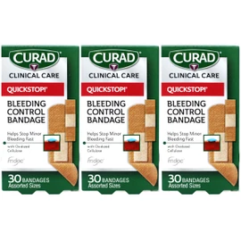 Curad Quickstop Instant Clotting Technology Flex-Fabric Bandages, Assorted Size, 30 Count, 3 Pack, 90 Count