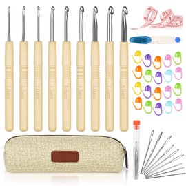 Aeeque Crochet Hook Set with Ergonomic Wooden Handle, 9 Pieces Bamboo Crochet Hooks 2.0 mm - 6.0 mm, Practical Crochet Hook Set for Beginners, Arthritis, Light Crochet Hooks Set for Scarf, Socks,
