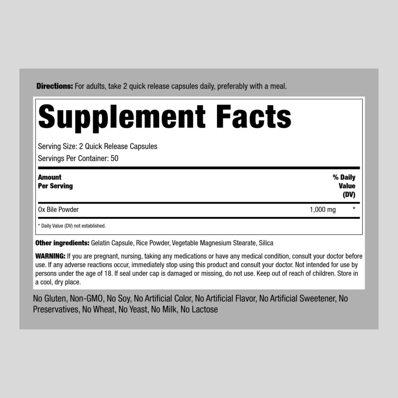 Piping Rock Ox Bile Supplement 1000mg | 100 Capsules |