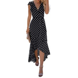 GRECERELLE Women's Summer Floral Print Cross V Neck Dress Bohemian Flowy Long Fashion Maxi Dress PD-Black-S