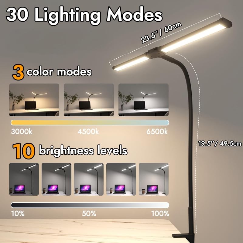 LED Desk Lamp, Double Head Desk Light with USB Charging